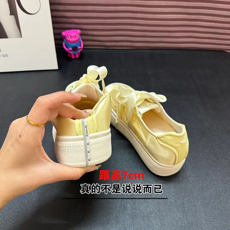 【澳门专柜正品】羊皮版~小个子内增高7cm厚底小白鞋春秋小码绸缎面