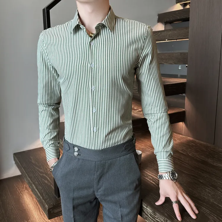 高级感条纹长袖衬衫男2025秋季新款网红痞帅男装商务休闲潮流衬衣