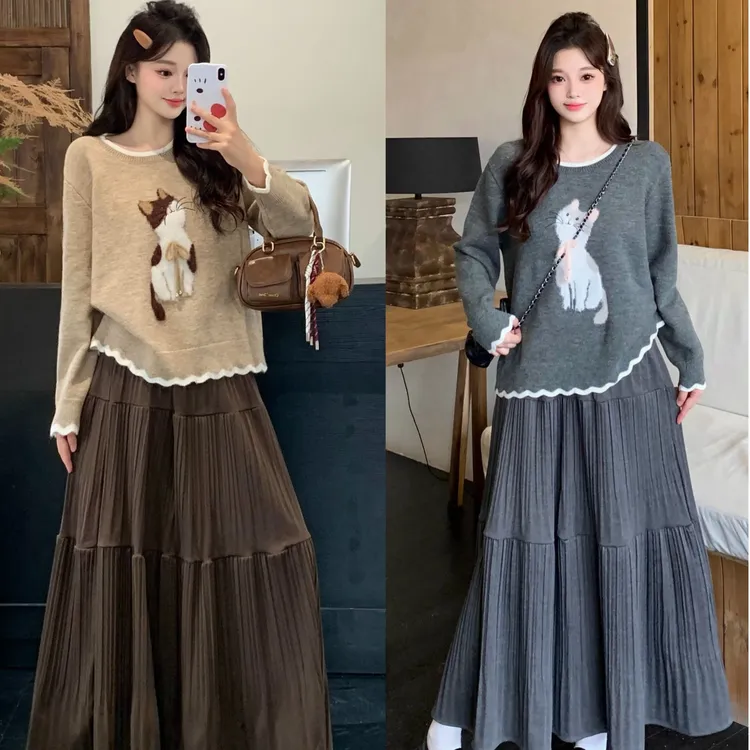 冬装大码女慵懒风绣花小猫毛织上衣高腰半身裙套装72101+23288