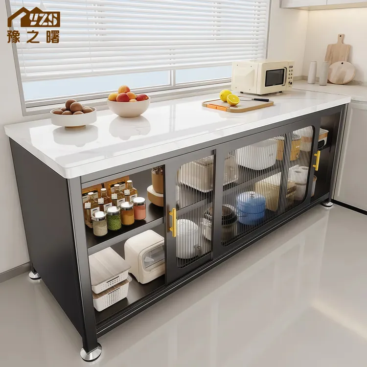 岩板推拉门厨房置物柜切菜桌操作台多功能收纳储物柜平移门餐边柜