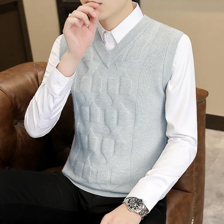 高档秋冬新款V领编织麻花针织马甲背心男士时尚打底衫毛衣男装608