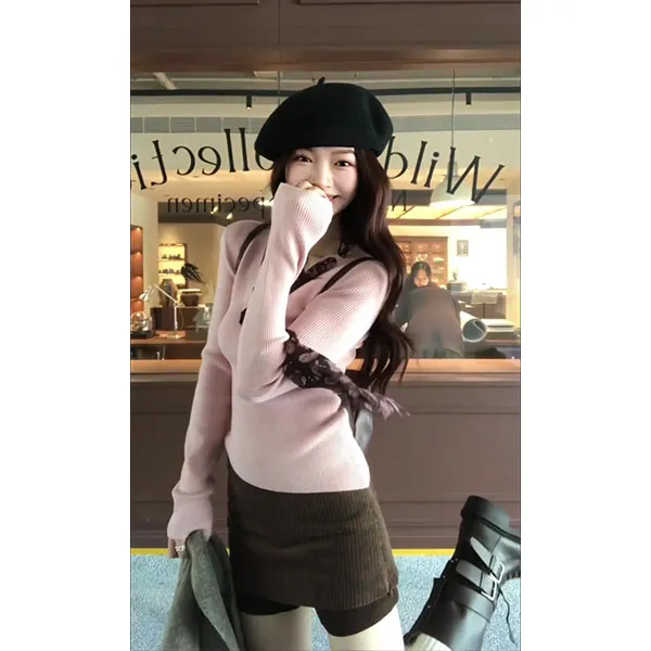 韩系粉色短款长袖针织衫女早秋修身薄款毛衣单穿上衣裙子时尚套装