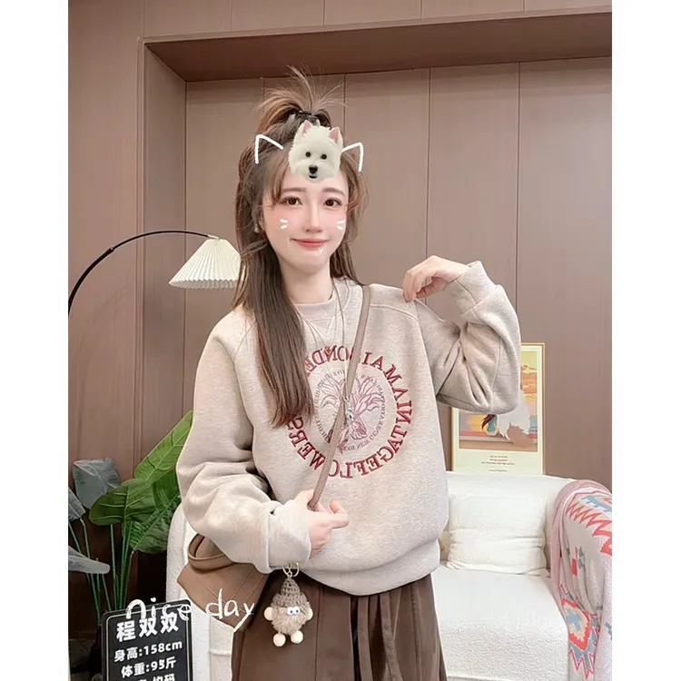 冬季新款加绒加厚【百合花】圆领常规款刺绣卫衣 2627 X