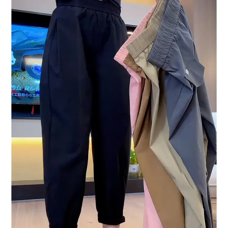 大码女装弹力百搭直筒速干休闲裤2025夏季薄款高腰显瘦九分哈伦裤