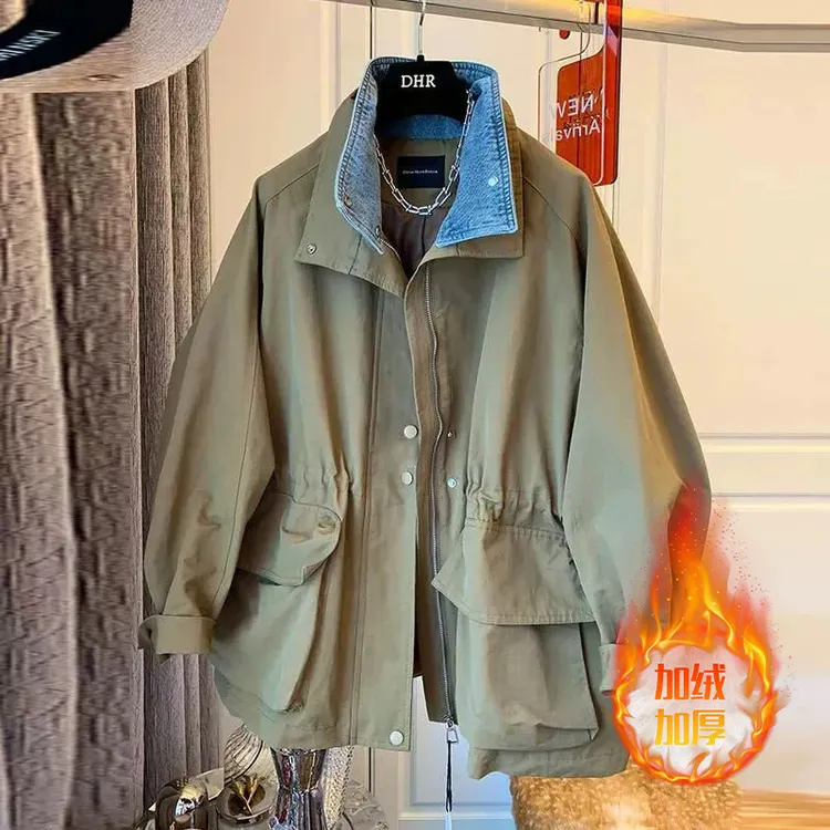 2002牛仔拼接风衣外套女冬季胖mm宽松加绒加厚休闲复古工装冲锋衣