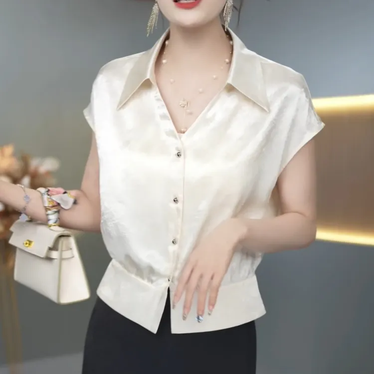 【珠光】新夏季小众设计感缎面时尚气质女翻领短袖t恤百搭LK2503951