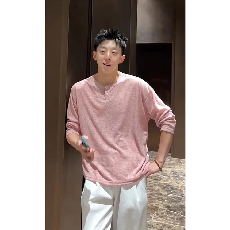 淡粉色亨利领防晒长袖t恤男夏季薄款透气外套垂感老钱风冰丝上衣