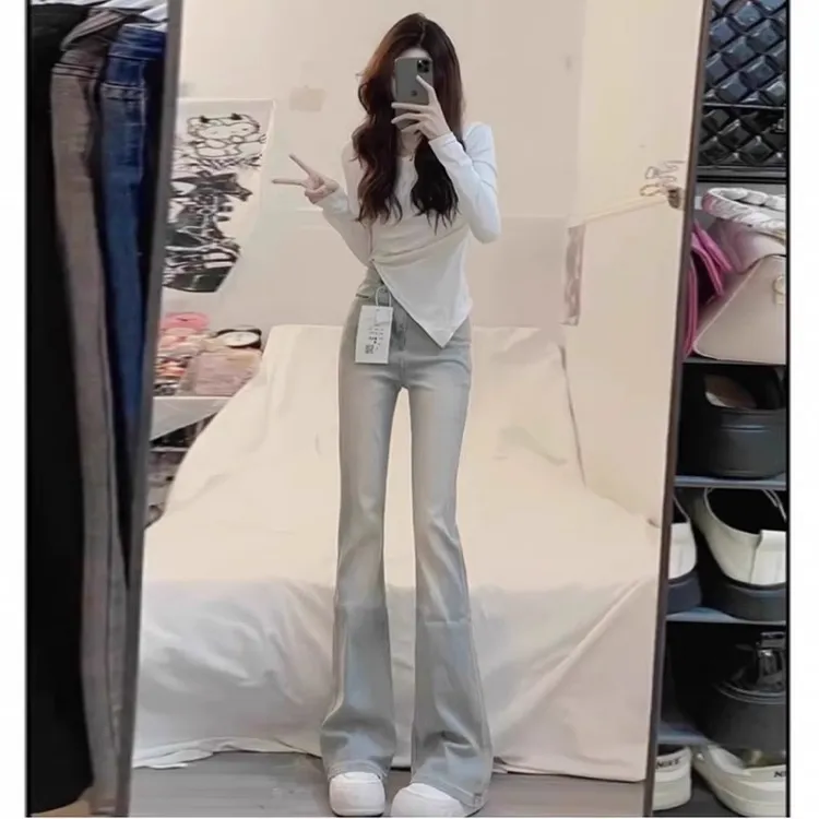 雪千羽美式微喇叭牛仔裤女2025年春夏新款弹力显瘦小个子马蹄裤子