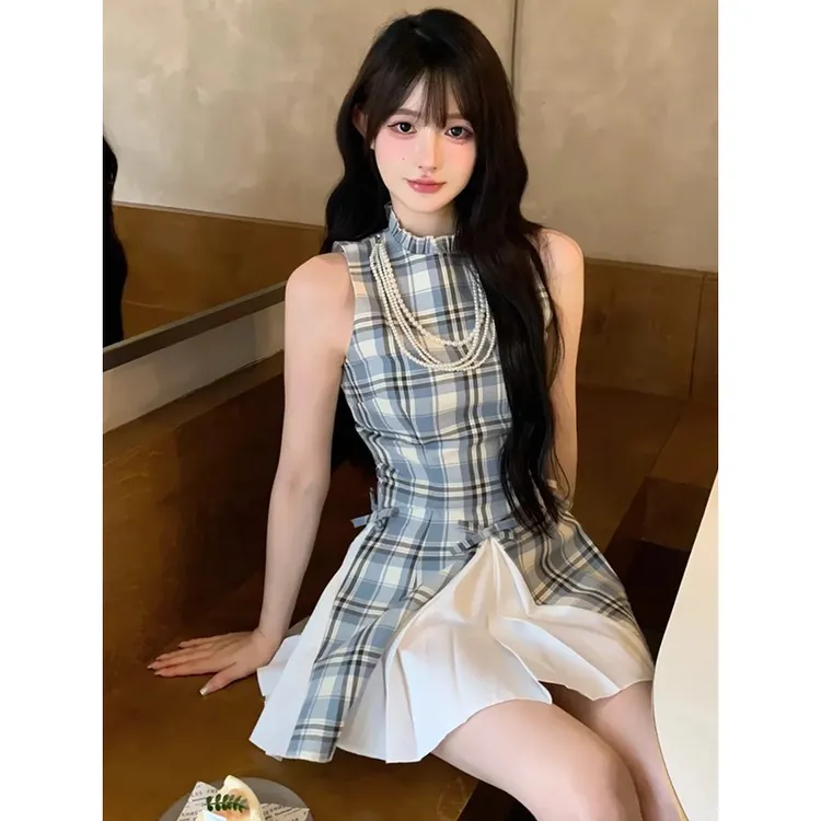 夏季法式百褶无袖背心裙收腰a字短裙女甜美风挂脖格纹拼接连衣裙