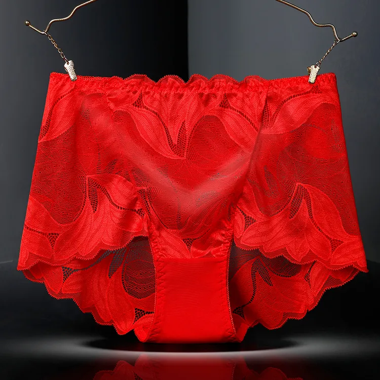 新年大红色女士内裤性感镂空蕾丝透明诱惑高腰大码收腹提臀无痕