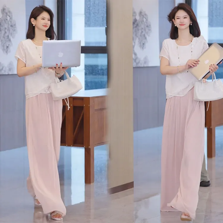 韩系减龄高级感套装2025女夏季新款宽松遮肉短袖上衣阔腿裤两件套