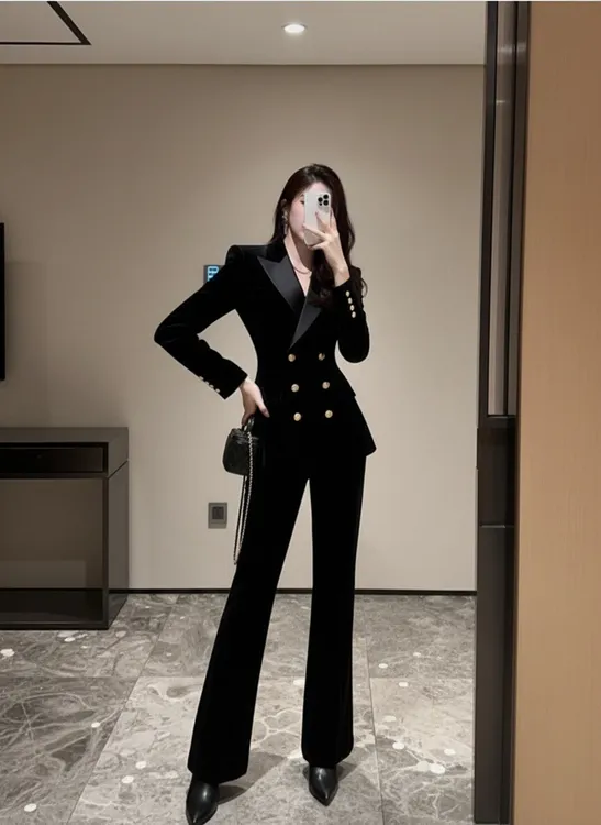 2025冬季重要场合气质大方得体高级感黑色丝绒西装外套裤子套装女