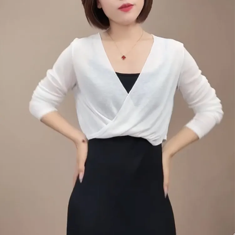 纯色时尚短款套头扭结V领长袖上衣女夏季吊带裙外搭防晒薄款罩衫