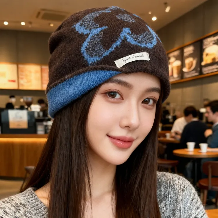 2025新款韩版复古提花针织帽子女秋冬季百搭保暖护耳显脸小包头帽