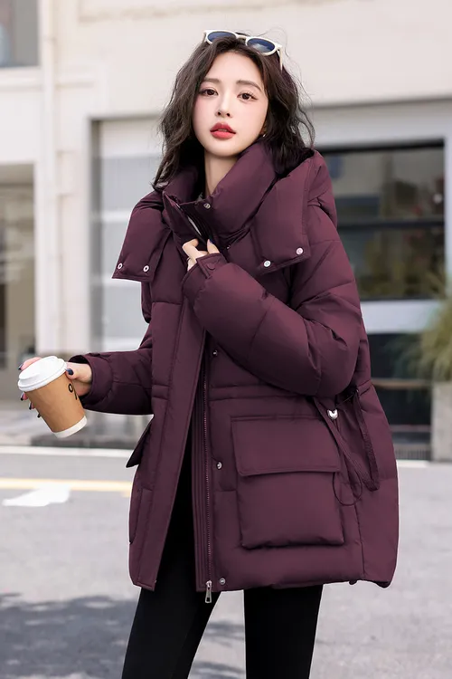 2025新款冬季女中长款连帽收腰时尚加厚韩版外套收腰显瘦棉服2925