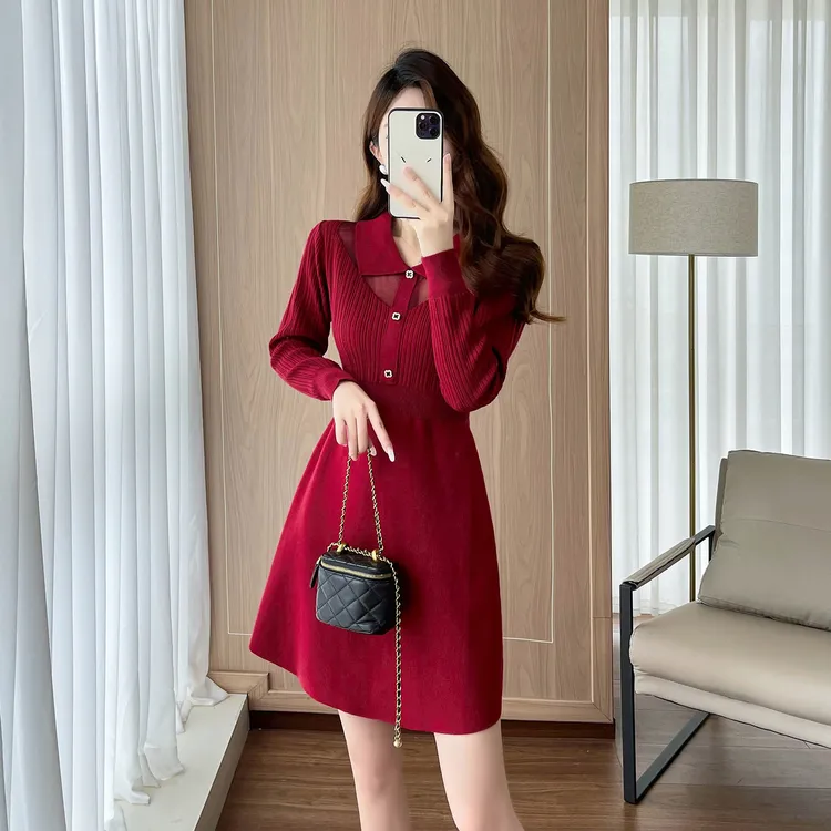 酒红色打底内搭针织连衣裙女秋冬季新款修身显瘦a字洋气质小香风