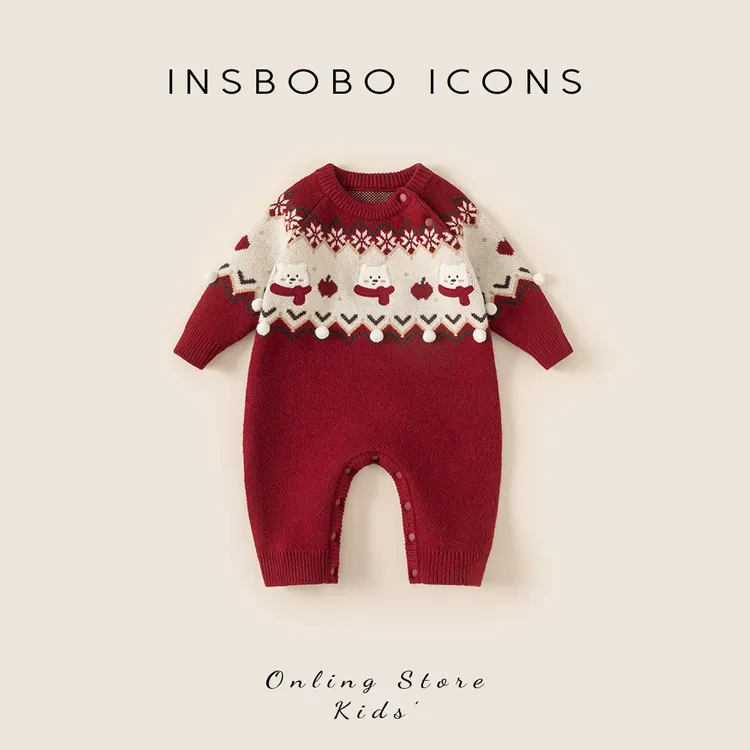 INSbobo儿童连体爬服冬季新品洋气小毛球立体装饰毛衣爬服DY15052
