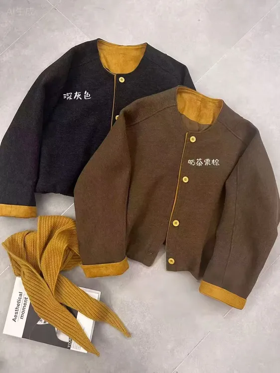 【梦雪严选】2025年冬款撞色插肩袖设计款百搭短款呢料外套女