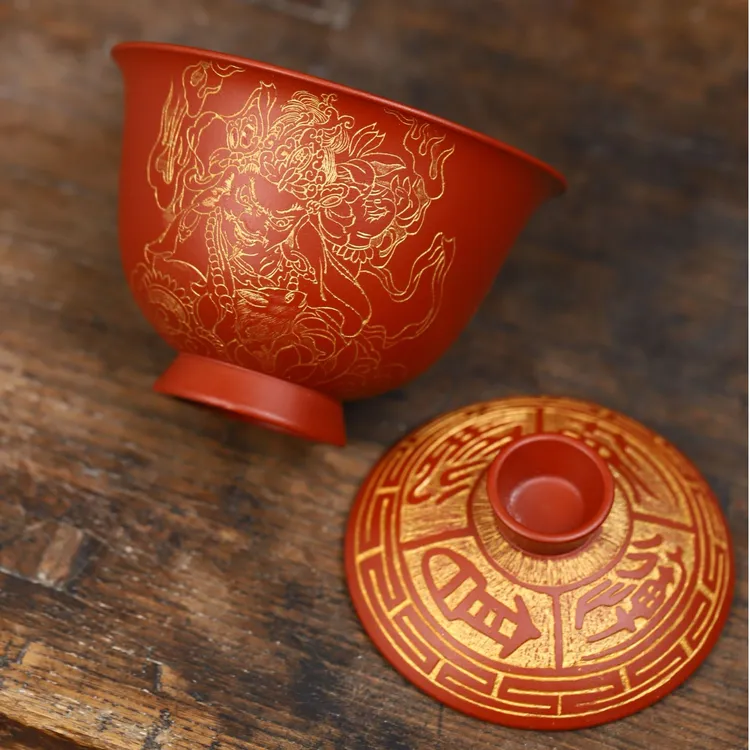 宜兴紫砂 | 原矿朱泥 全手工 九斋 黄财s聚财两才盖碗
