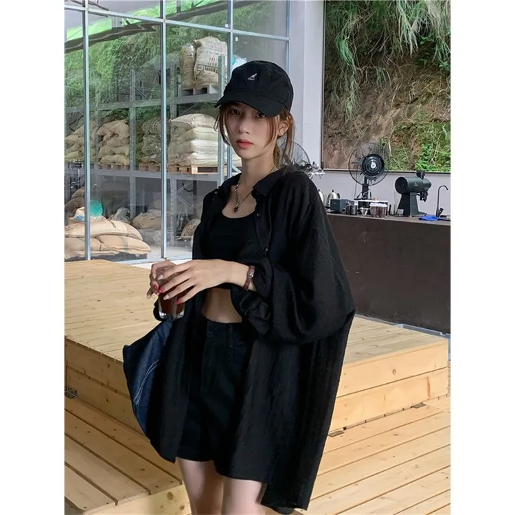 夏季冰丝垂感防晒衬衫开衫女韩版大码宽松丝滑柔软长袖空调衫外套