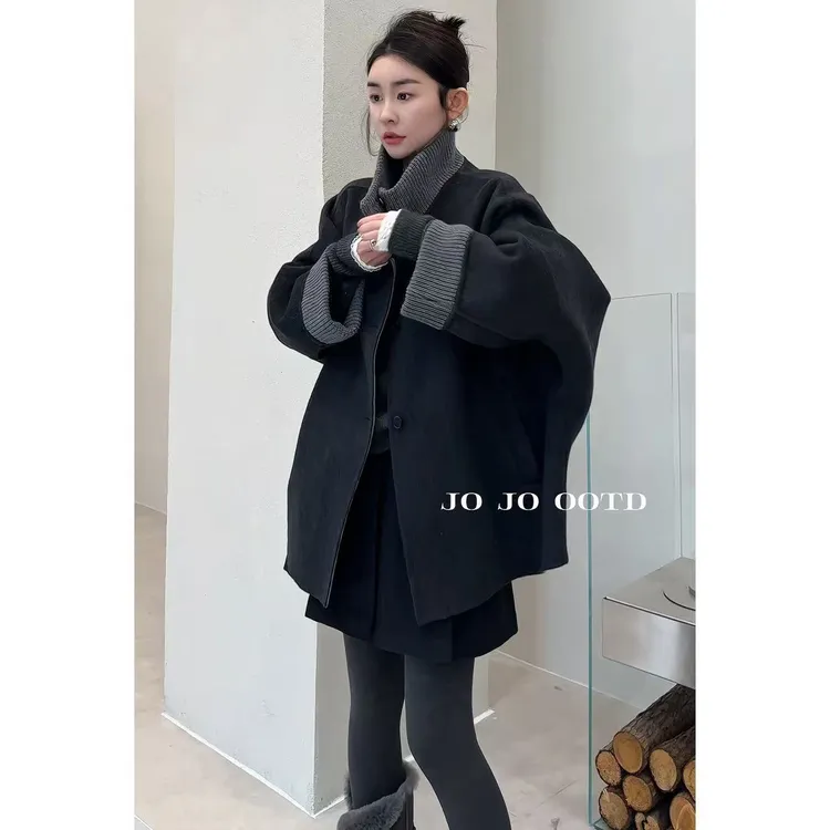 玖了个玖【拼针织羊毛大衣】2025冬季新款百搭宽松外套 2511C7987