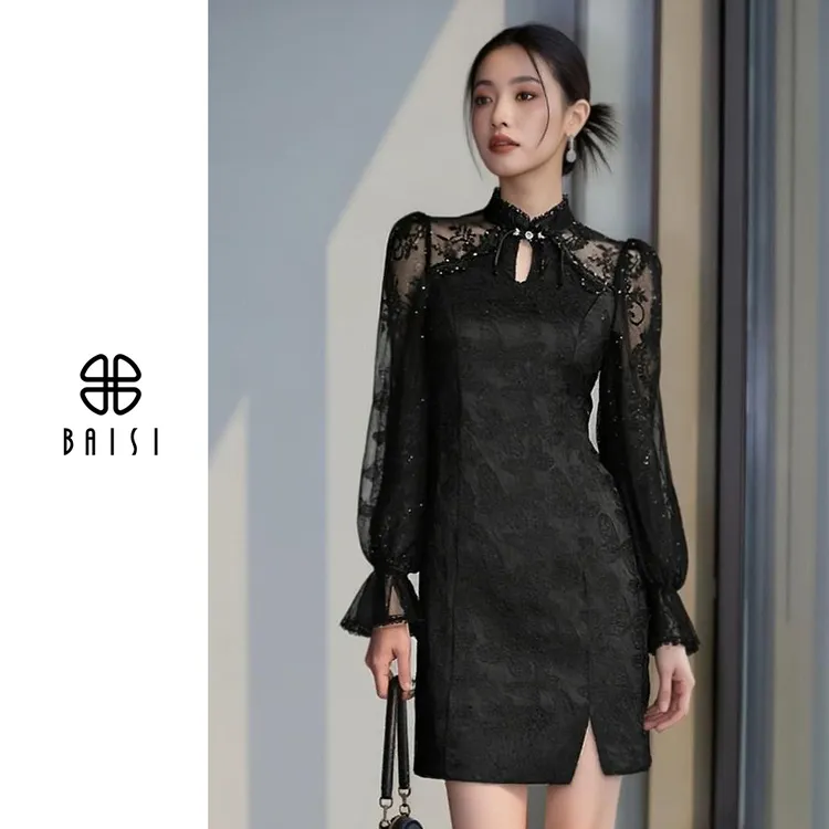 BAISI/百丝改良新中式旗袍贵气高级女主立体显瘦冬季拼接款连衣裙