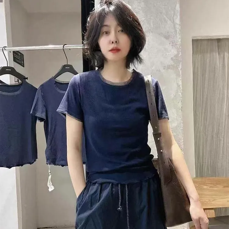 欧洲站2025夏季新款纯色净版短袖t恤女时尚洋气修身显瘦套头上衣
