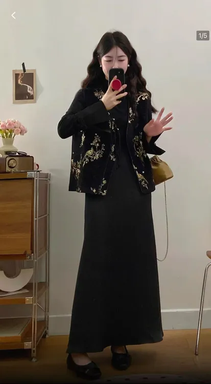 2025时尚新中式复古风刺绣气质重工马甲连衣裙套装6727