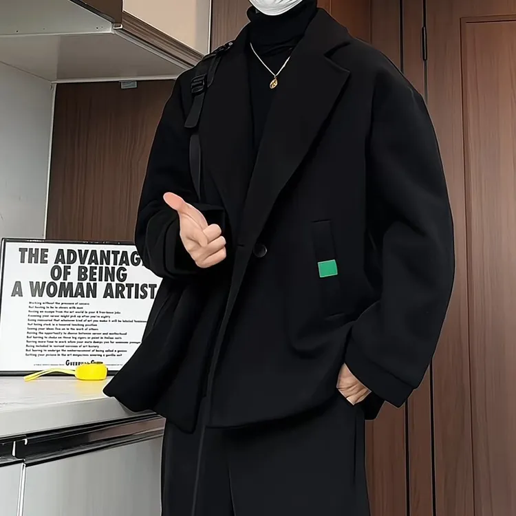 潮牌撞色短款毛呢夹克休闲外套男士秋季痞帅英伦风宽松潮流上衣