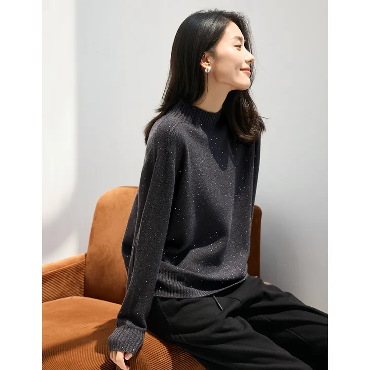 IHIMI/海谧细闪羊毛老钱风半高领毛衫2025年冬百搭基础软糯羊毛衫