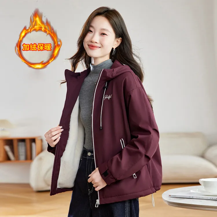 加绒加厚派克服外套女2025秋冬新款时尚宽松显瘦连帽休闲夹克上衣