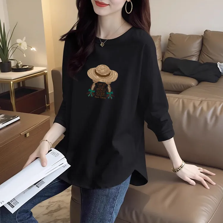 秋季大码女装打底衫宽松遮肉减龄洋气长袖t恤微胖mm中长款上衣女