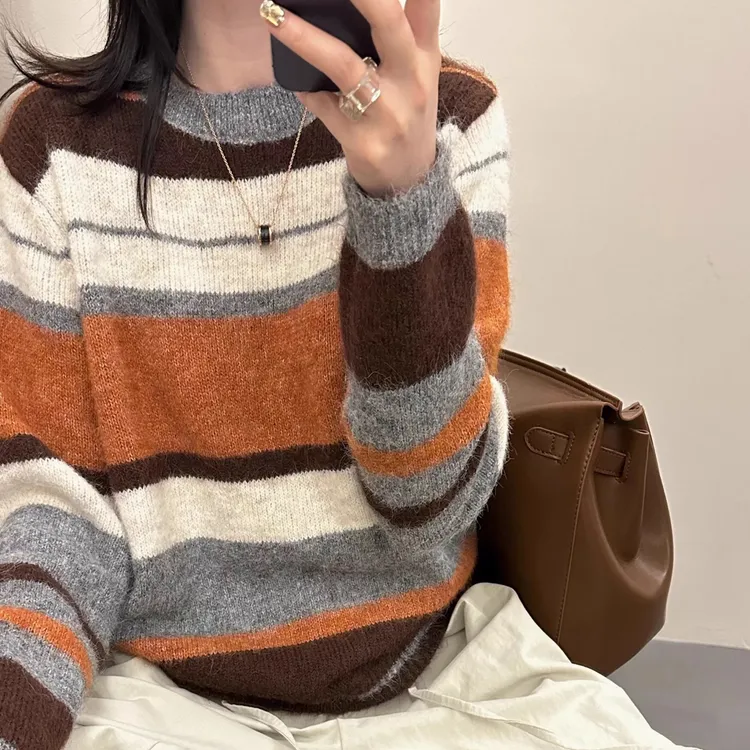 2025秋冬新款设计感美式复古慵懒风拼色条纹针织衫毛衣撞色上衣女