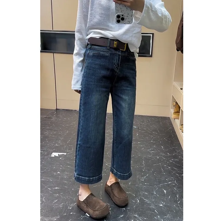 高腰直筒显瘦牛仔裤女2025年秋季新款胖mm弹力阔腿裤小个子九分裤