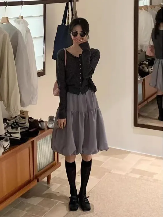 韩系灰色高腰显瘦半身蓬蓬裙女2025春夏新款洋气时尚花苞裙套装