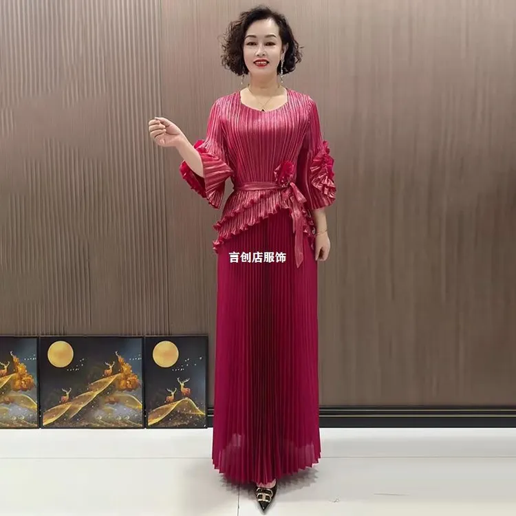 303褶皱喇叭袖中袖圆领不规则弹力荷叶边上衣+半身裙两件套女装