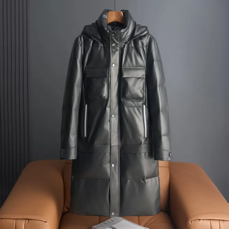 2025小牛皮连帽真皮皮衣加绒加厚外套中长款鹅绒服帽子可脱卸2537