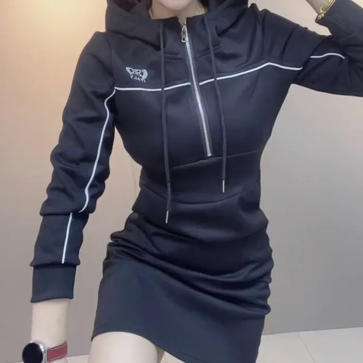 秋季时尚连帽长袖拉链设计中长款休闲女装连衣裙