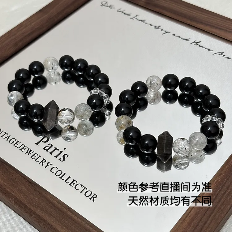 [墨棱闪]-黑曜石黑闪灵银曜六角柱手串均有色差瑕多样性发一T1943