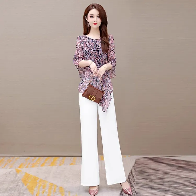 流行时尚女装雪纺套装2025夏季新款休闲贵夫人品牌妈妈装