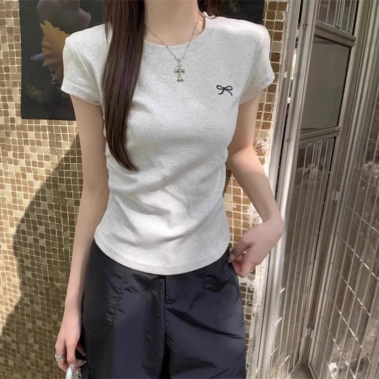 正肩纯棉圆领短袖t恤女时尚百搭洋气减龄白色褶皱上衣打底衫夏季