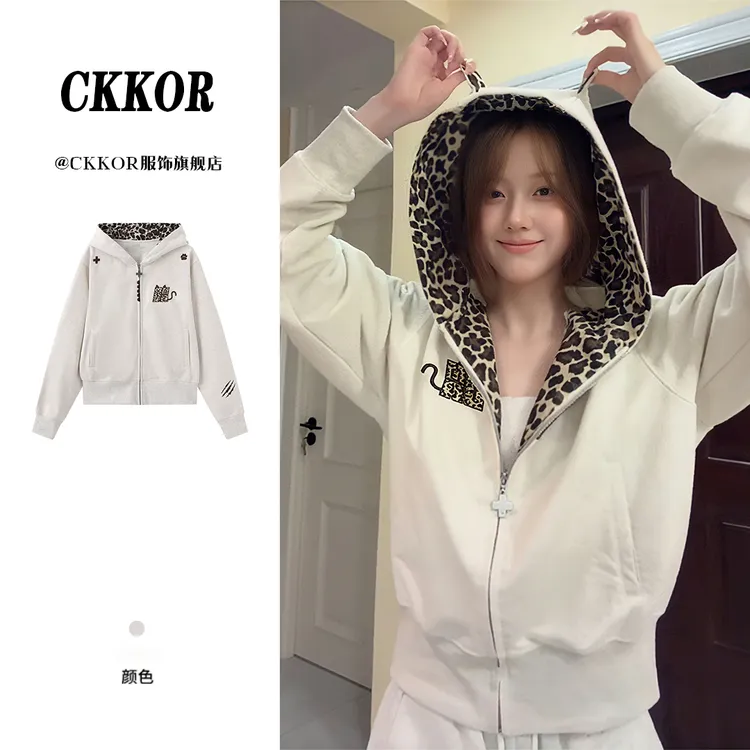 CKKOR秋冬新款酷飒风刺绣连帽开衫时尚潮流拉链情侣卫衣外套上衣