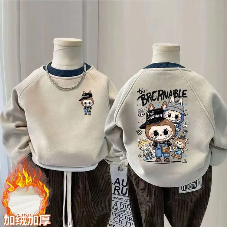 男童加绒加厚套头卫衣春秋2025新款中大童痞帅炸街保暖上衣外套潮