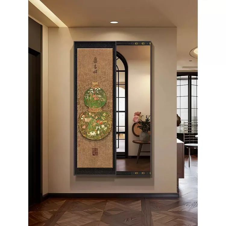 包安装-新中式葫芦推拉全身镜玄关画复古风百福图隐形穿衣镜子