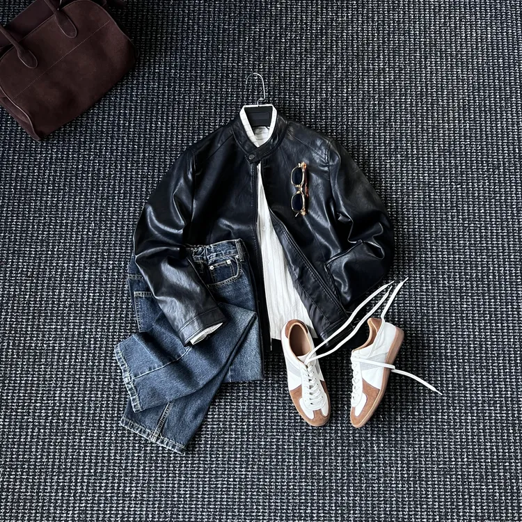 CssuGent冬季优雅插肩袖立领机车皮夹克男修身痞帅高端皮衣外套潮