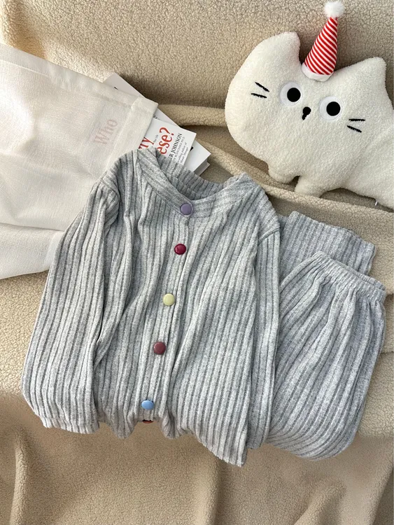 秋季宽松长袖圆领开衫睡衣女家居服套装坑条细绒纯色休闲春秋新款