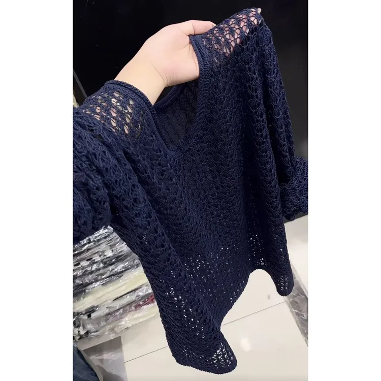【现货】2025宽松弹性长袖夏季休闲风镂空薄款毛针织衫气质长袖上衣