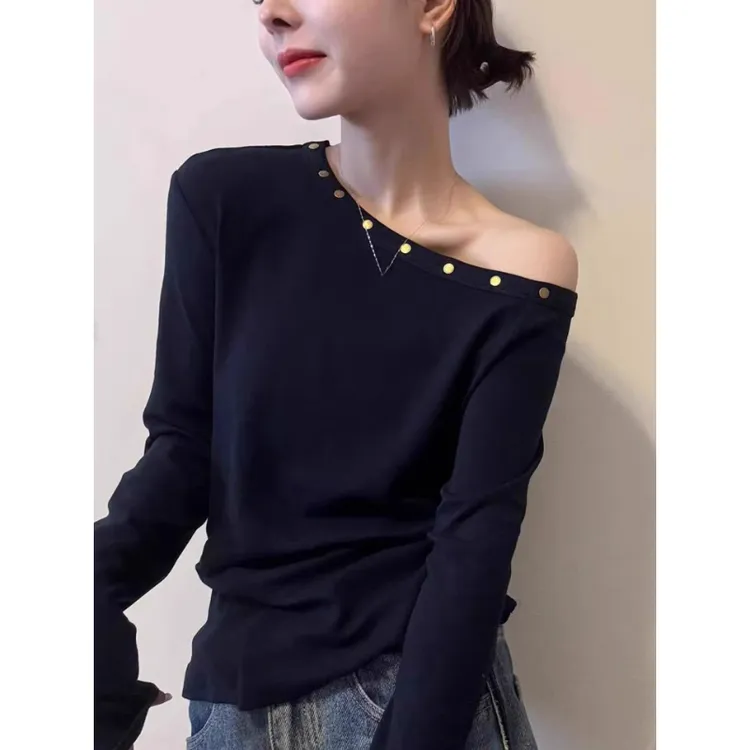 芯娇晴2025早秋斜肩绝美显瘦t恤韩系洋气百搭长袖上衣气质柔软女