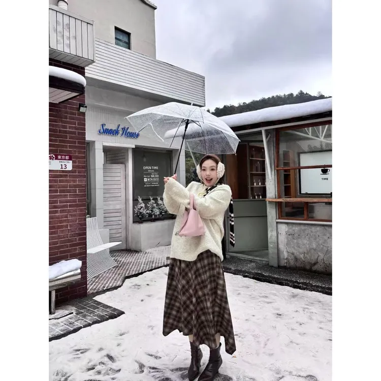 【格子铺】秋冬新款不规则磨毛格子微胖大码加厚美拉德琥珀半裙