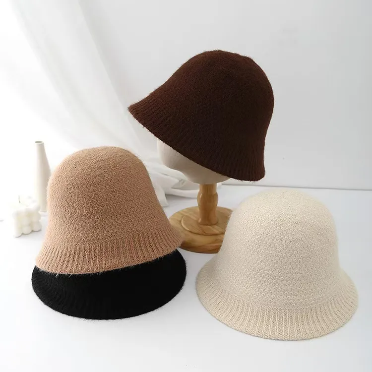 秋冬新款纯色毛线针织渔夫帽时尚简约条纹盆帽显脸小